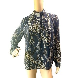 Guess Black Chain Pattern High-Neck Embellished Collar Blouse Size Large